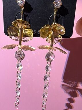 Gold Floral Drop Earrings with Clear Crystal Chain Accents